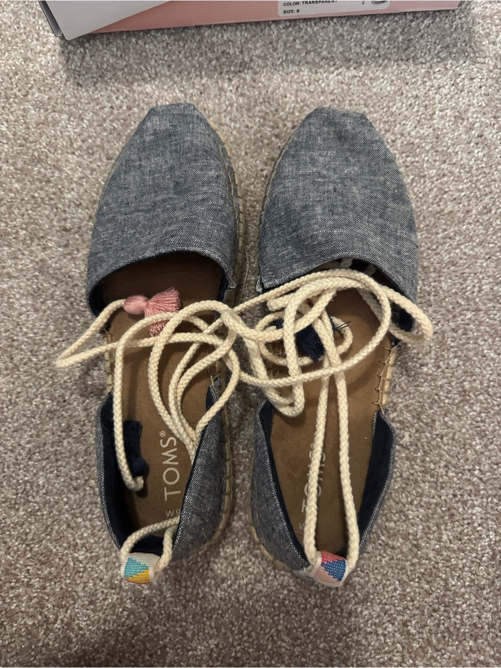 TOMS Chambray Espadrille Lace-Up Flats in Blue with Cream Laces